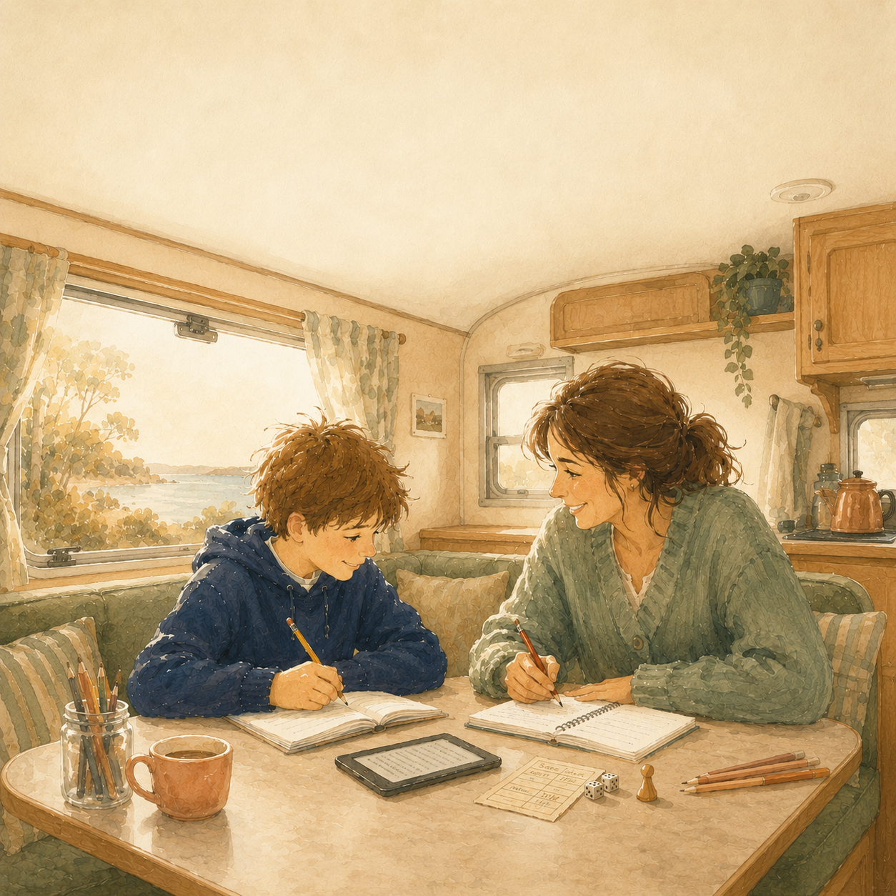 Hand-painted illustration of a mother and son learning together in a caravan