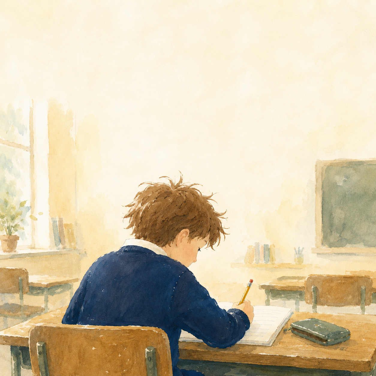 Hand-painted illustration of a boy sitting at a school desk