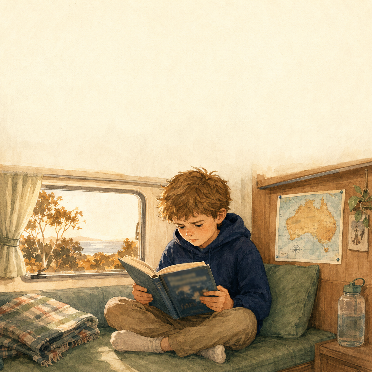 Hand-painted illustration of a boy reading in a caravan