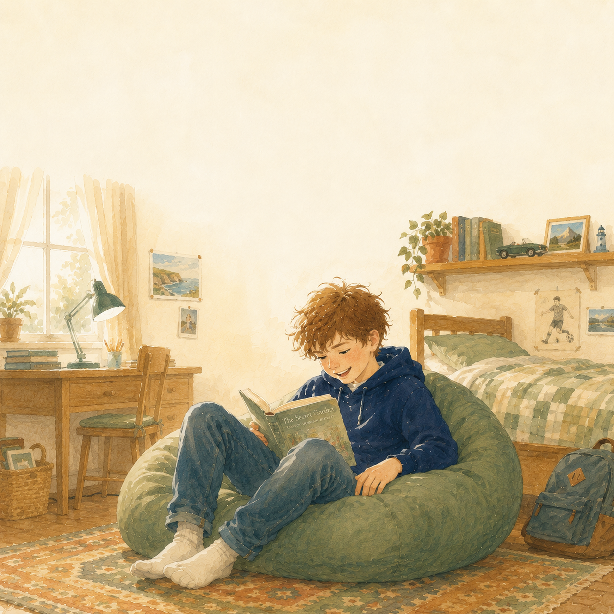 Hand-painted illustration of a boy reading in his bedroom