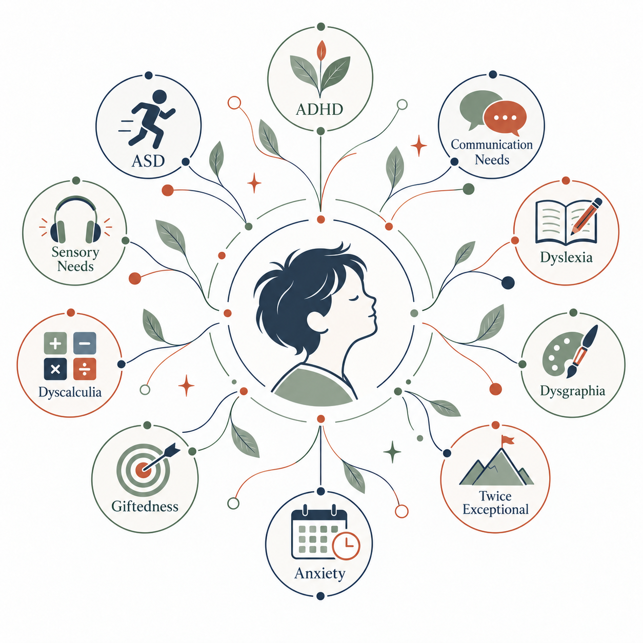 Illustration of a child at the centre of different neurodivergent learning needs and strengths