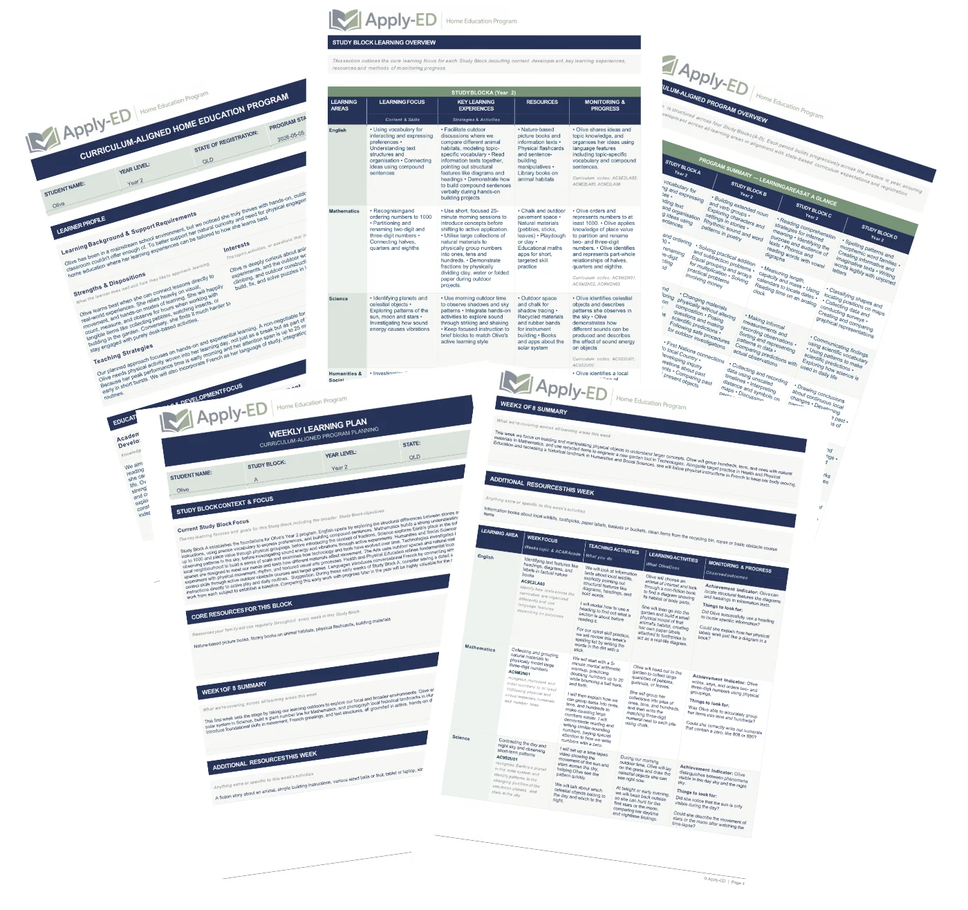 Example pages from an Apply-ED home education program