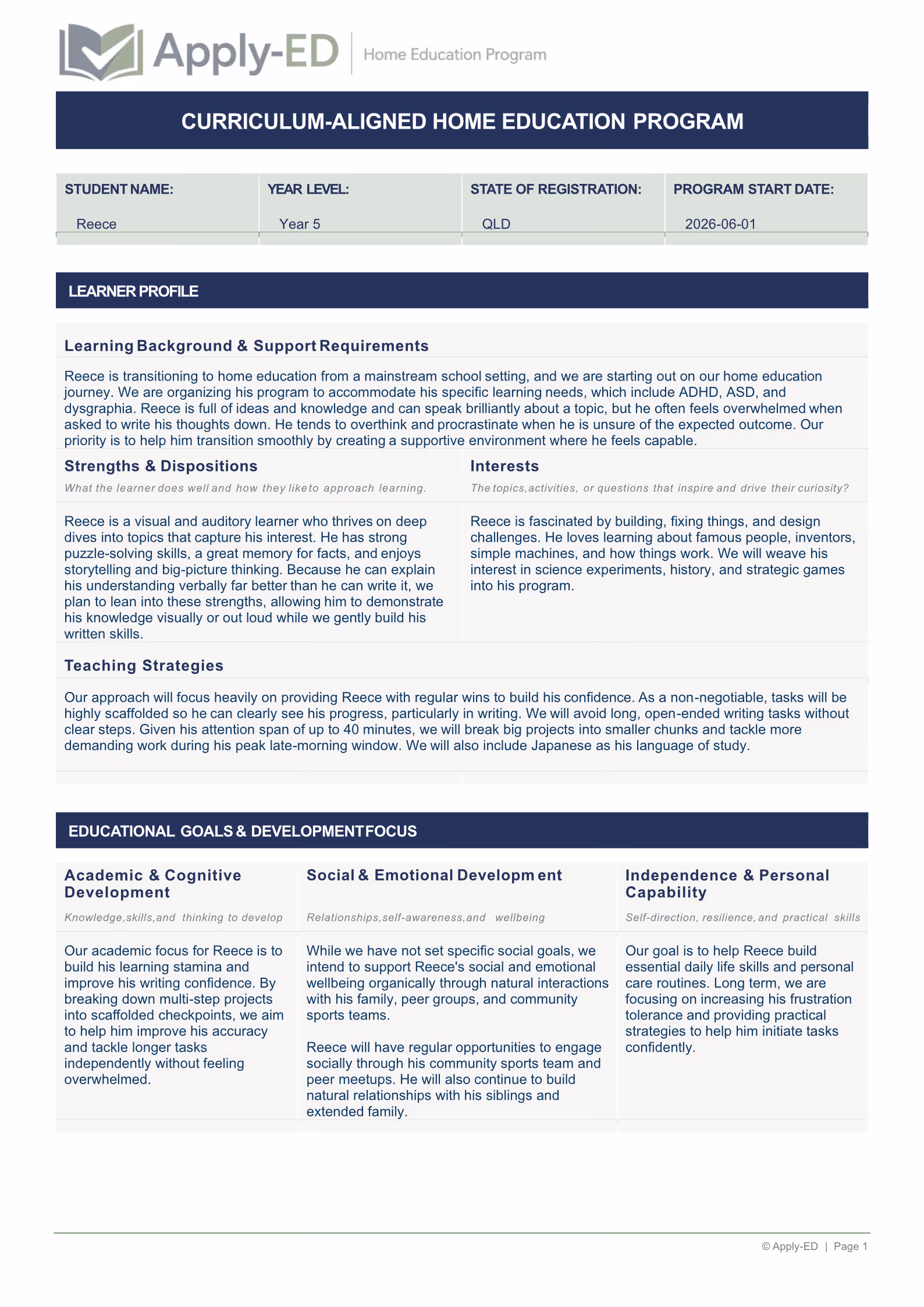 Apply-ED sample program overview for Reece, a Year 5 learner